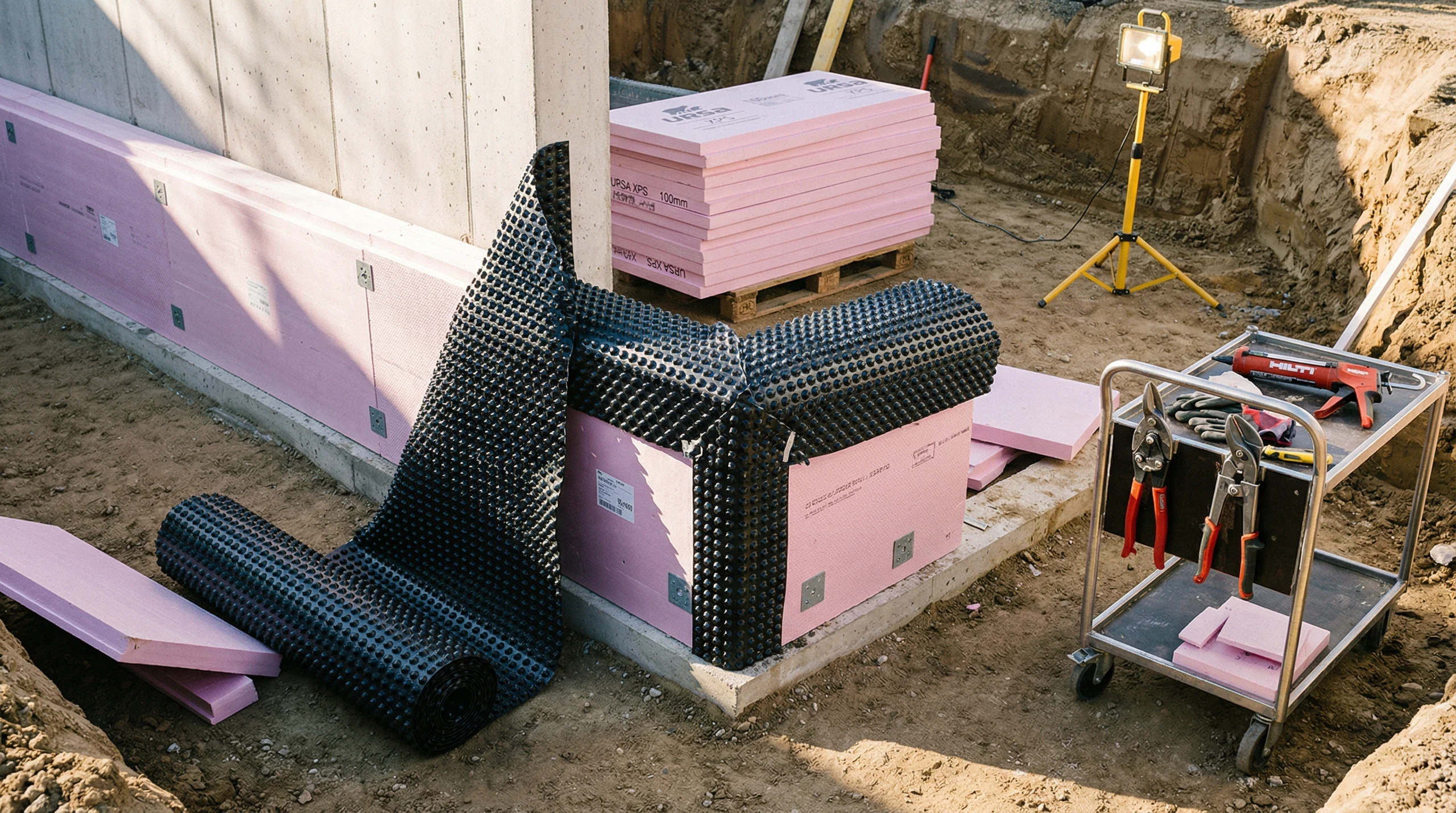 Verlegung von Perimeterdämmung mit Noppenbahn an einem Kellerfundament im Erdreich