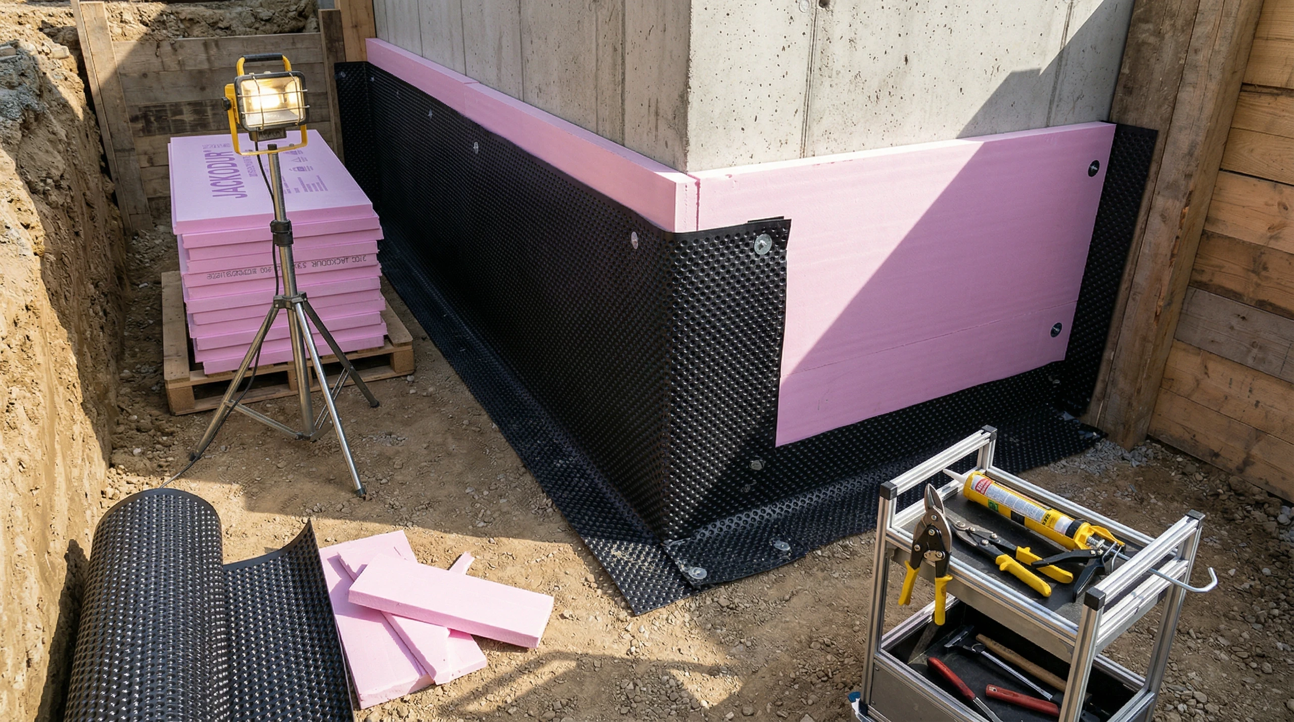 Eckfundament mit rosafarbenen Dämmplatten auf schwarzer Abdichtungsbahn im Aushubgraben – Perimeterdämmung