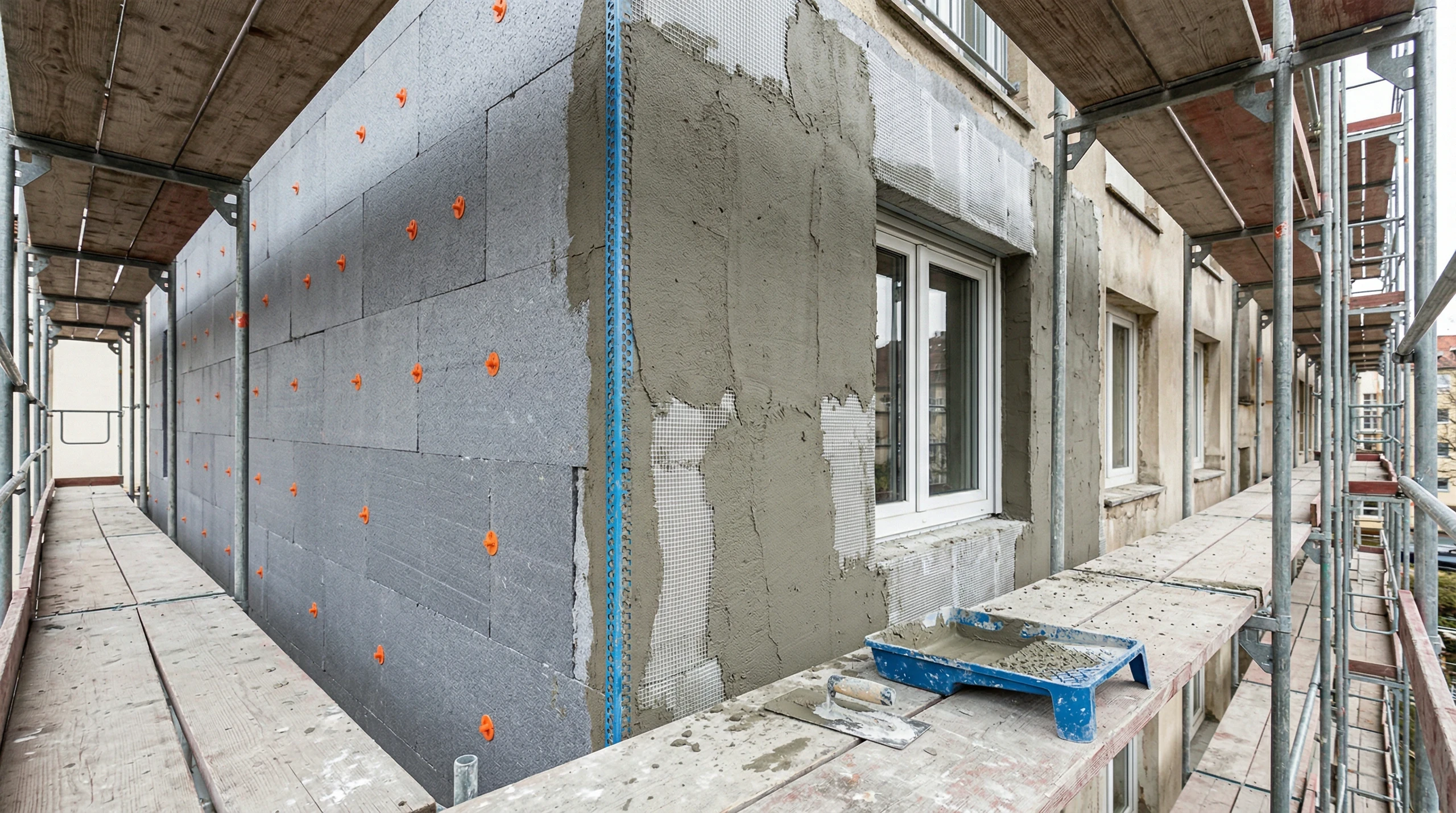Baugerüst vor Hausfassade mit aufgebrachten Dämmplatten und Armierungsputz für Fassadendämmung