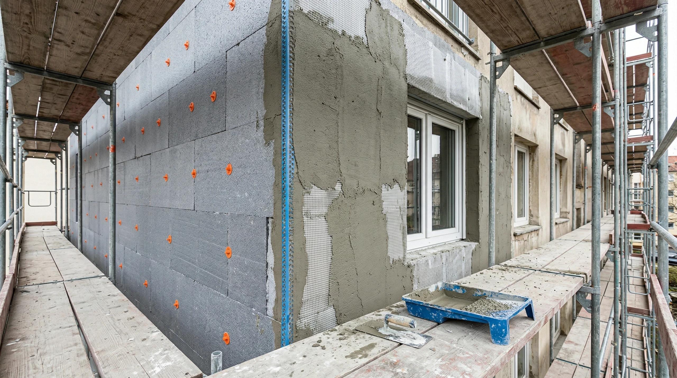 Fassadendämmung an Hauswand mit Dämmplatten, Armierungsgewebe und frischem Putz auf Gerüst