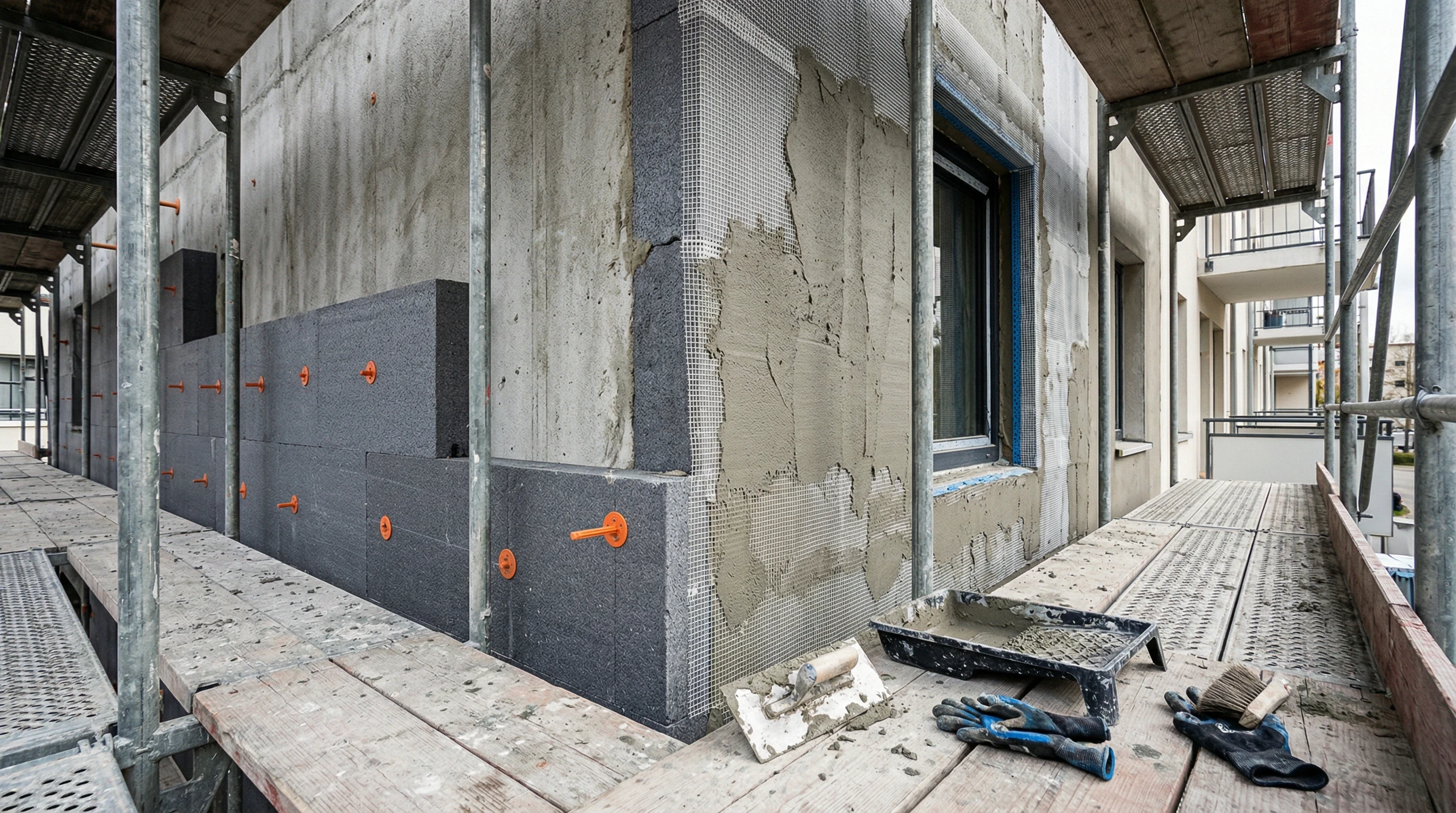 Fassadendämmung mit grauen Dämmplatten und orangefarbenen Dübelhaltern an Hausaußenwand auf Baustellengerüst