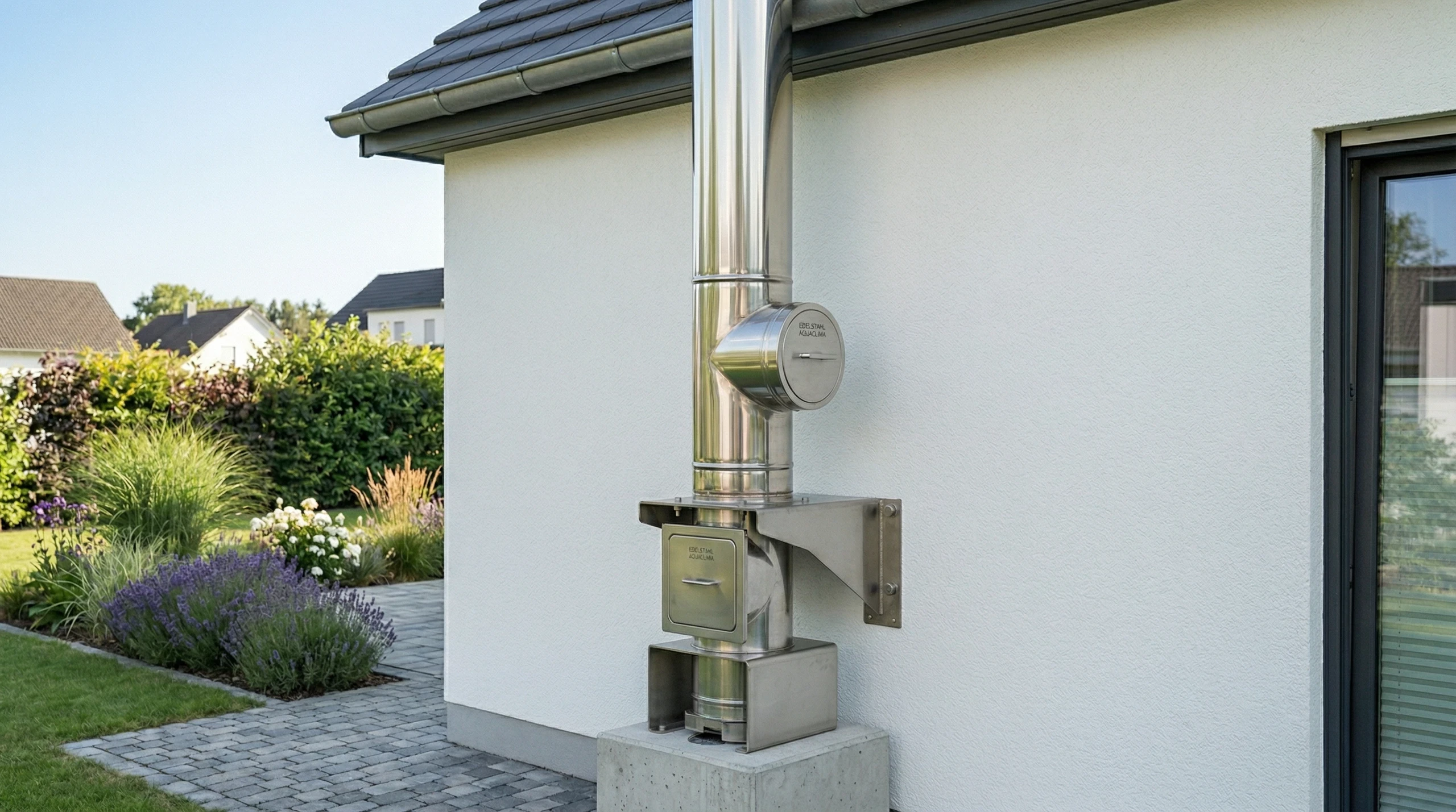 Außen-Schornstein aus Edelstahl mit Revisionsklappe und Wandhalterung an weißer Hauswand