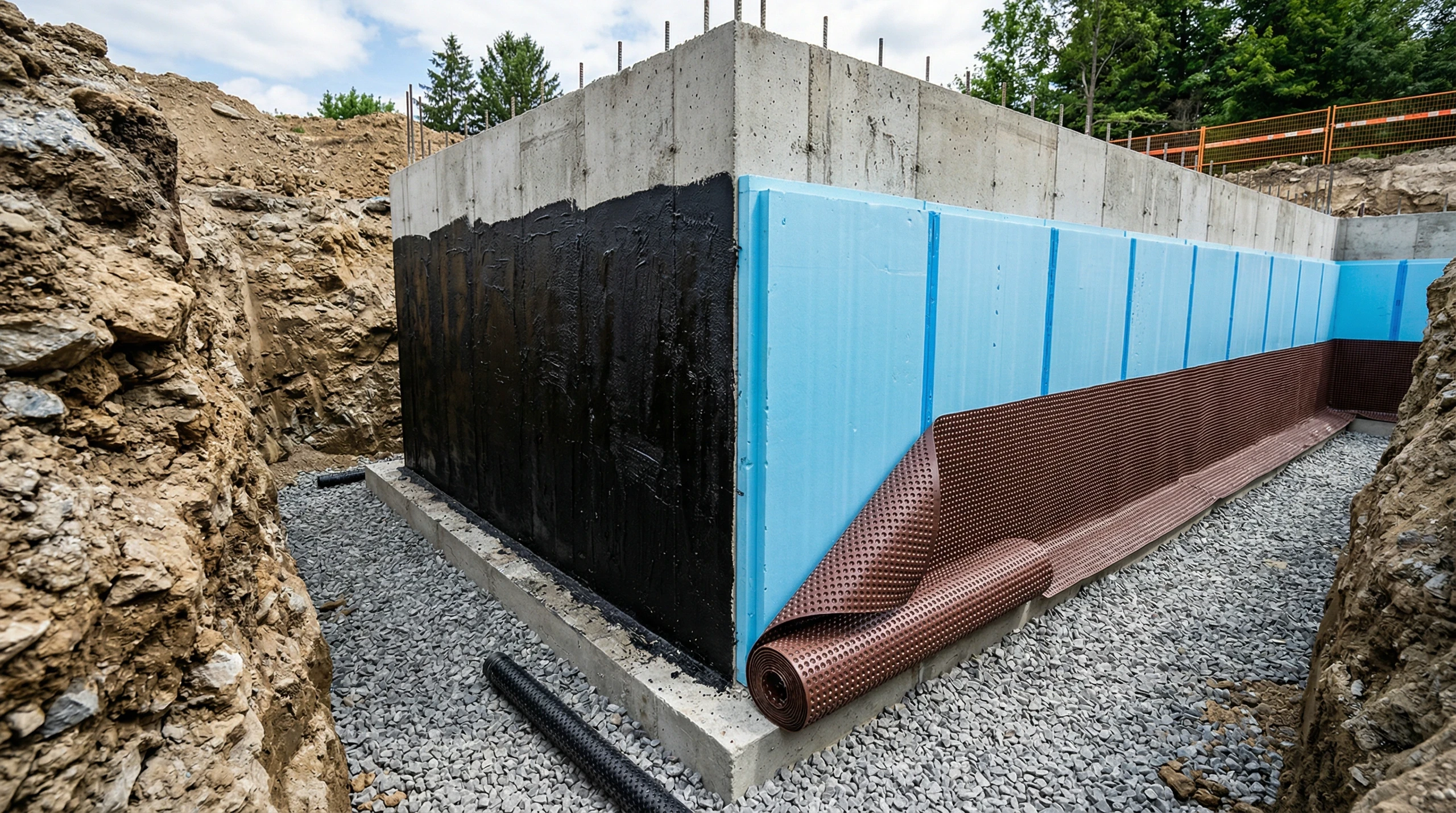 Freigelegtes Betonfundament mit blauer Perimeterdämmung, Bitumenabdichtung und Kiesschicht zur Entwässerung