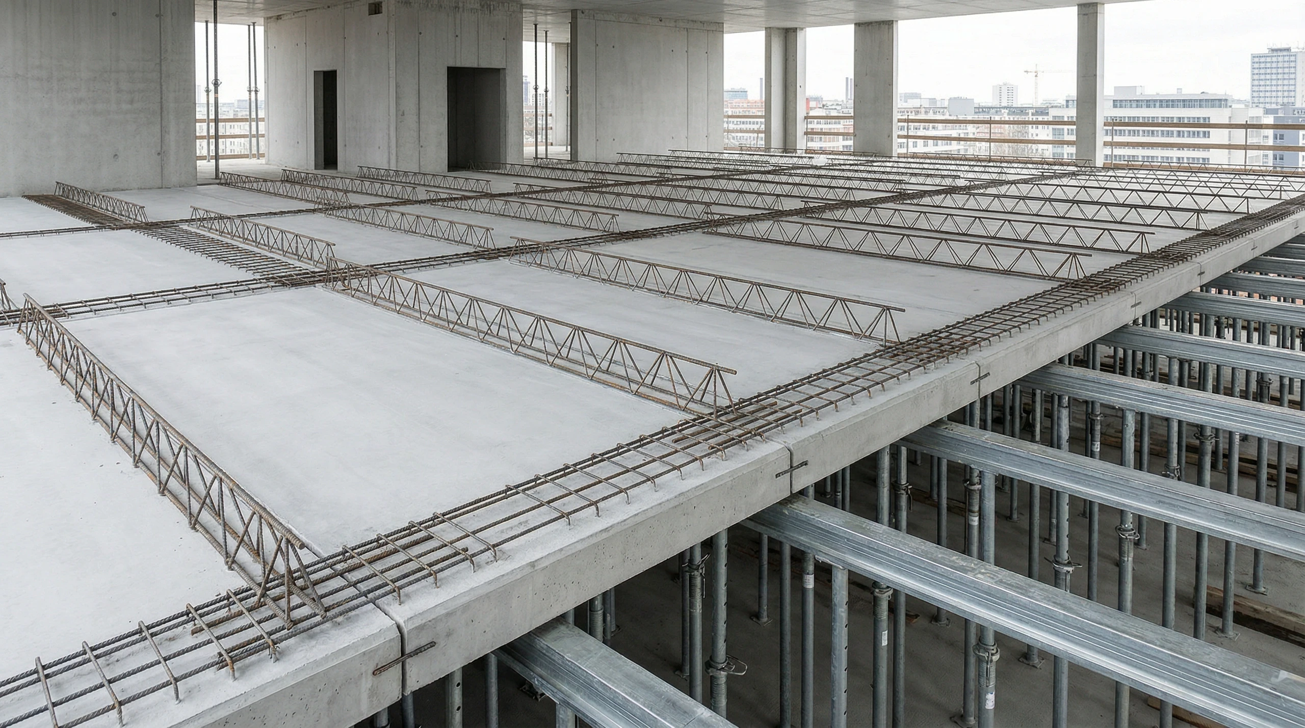 Massivdecke mit Betonfertigteilen und Stahlstützen auf Rohbaustelle