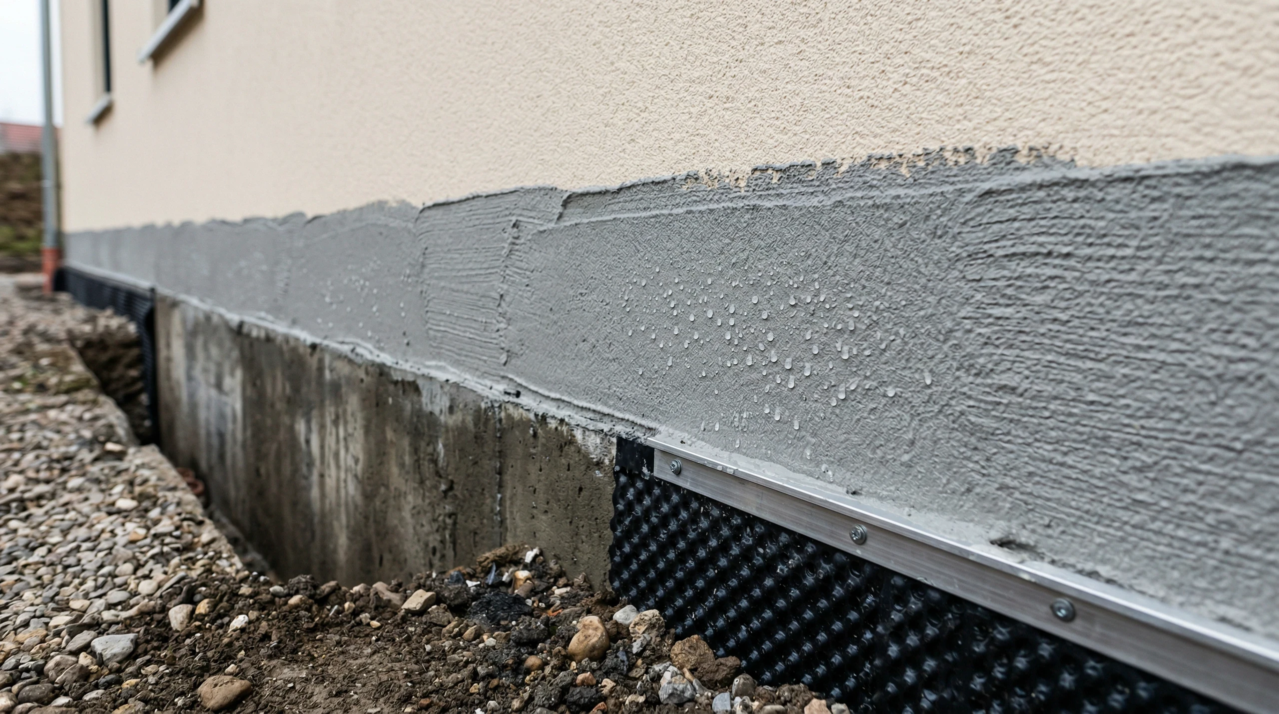 Freigelegtes Fundament mit schwarzer Dichtungsbahn und grauem Außenputz, Fundamentabdichtung
