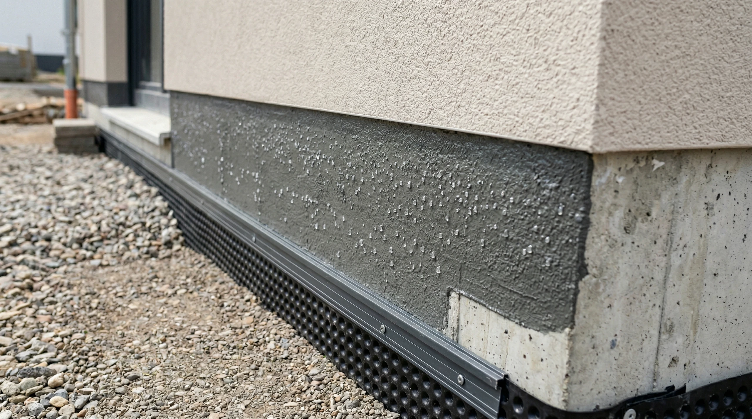 Kelleraußenwand mit Dichtungsbahn, Kiesbett und Schutzleiste als Fundamentabdichtung