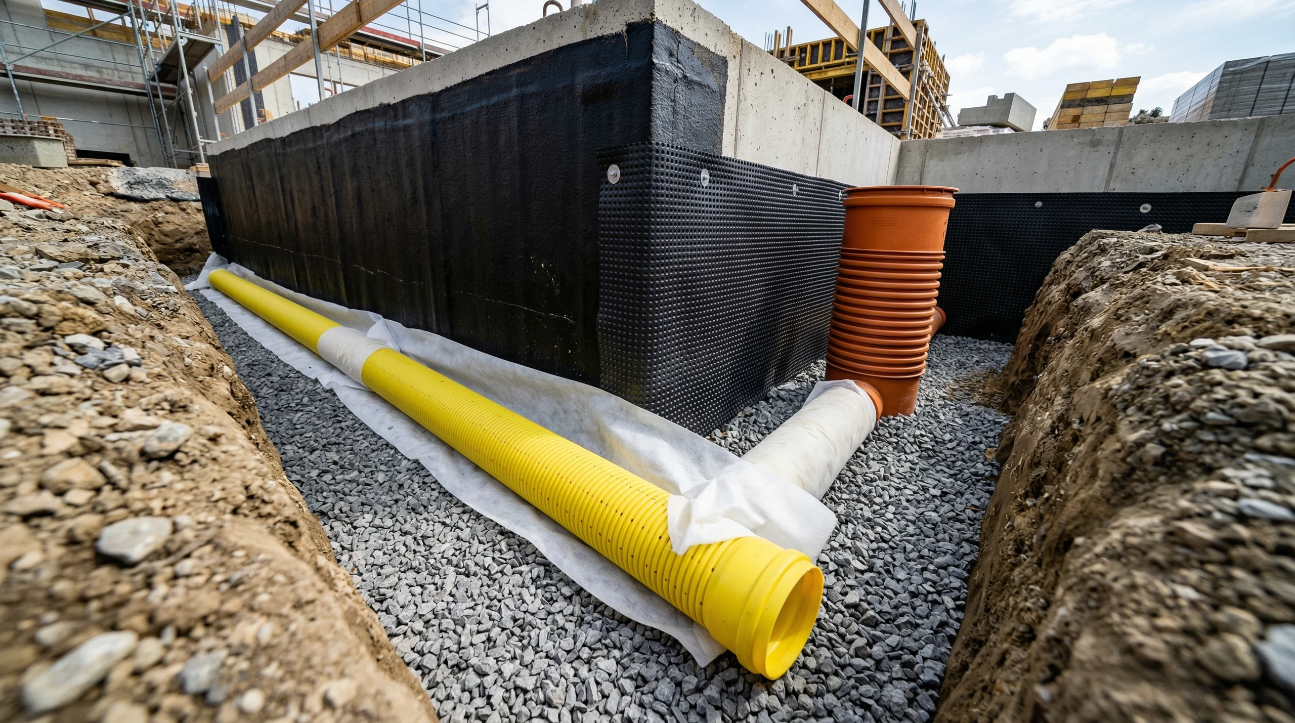 Perforiertes Drainagerohr auf Kiesbett vor schwarzer Bauwerksabdichtung an Fundamentwand Entwässerung