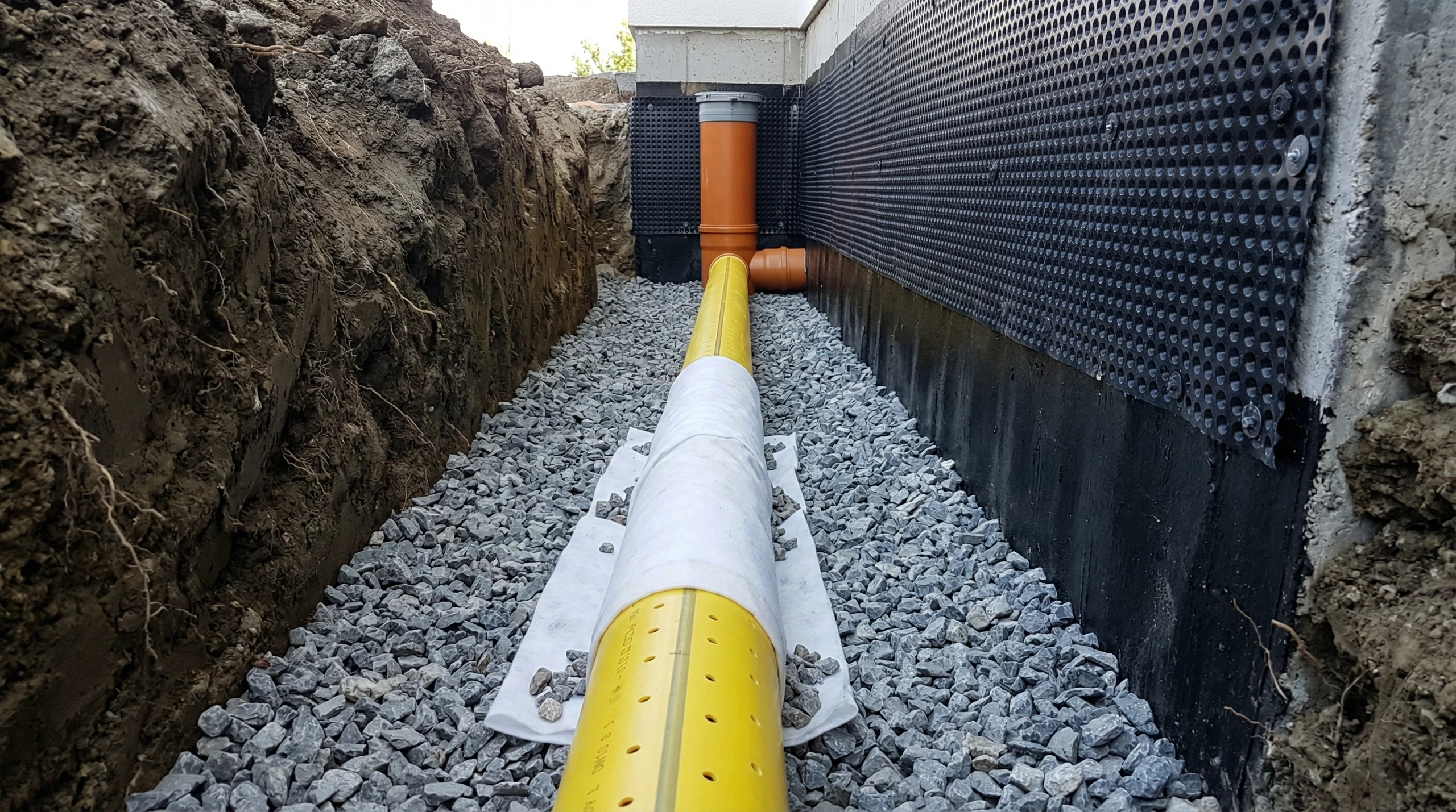 Gelbes perforiertes Drainagerohr auf Kiesbett an Kellerwand mit Noppenfolie, Entwässerung