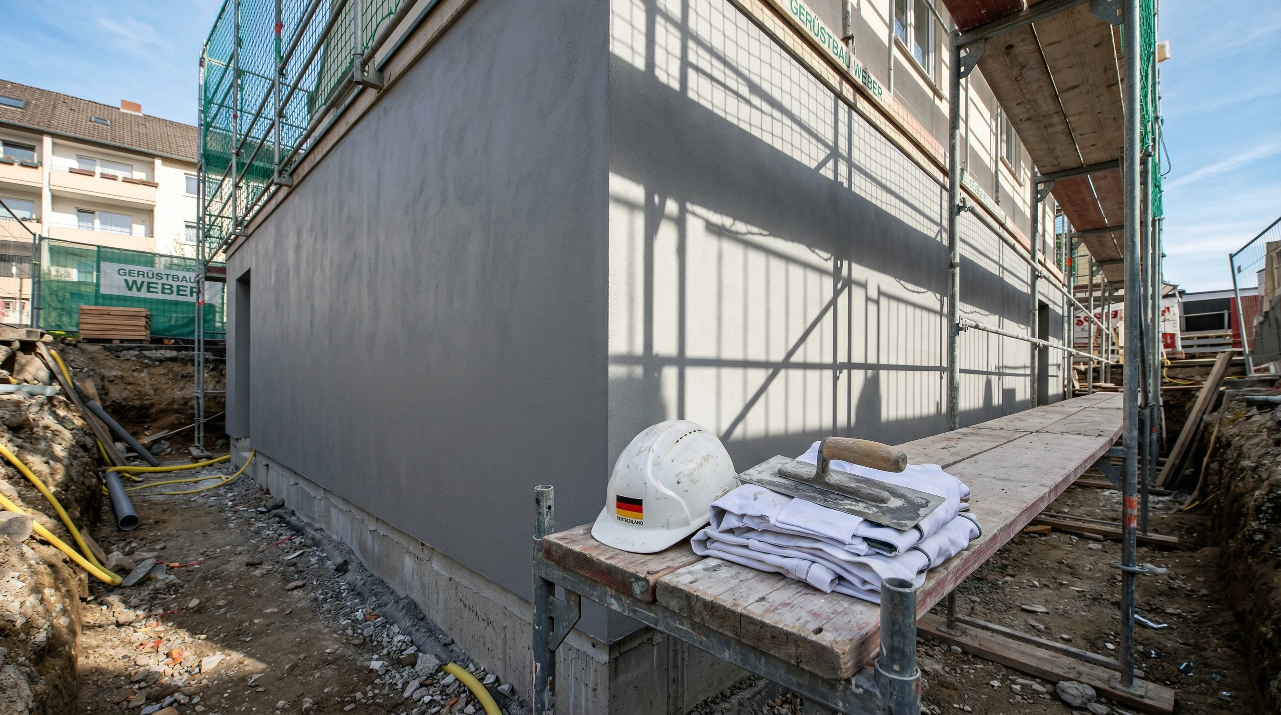 Gerüst mit Bauhelm, Kelle und Gerüstbrett vor frisch verputzter Hausfassade Putzarbeiten