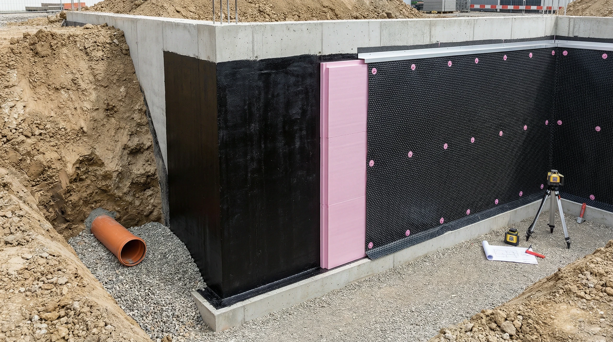 Beton-Fundamentwand mit Bitumenabdichtung und pinker Perimeterdämmung, umgeben von Kiesschicht