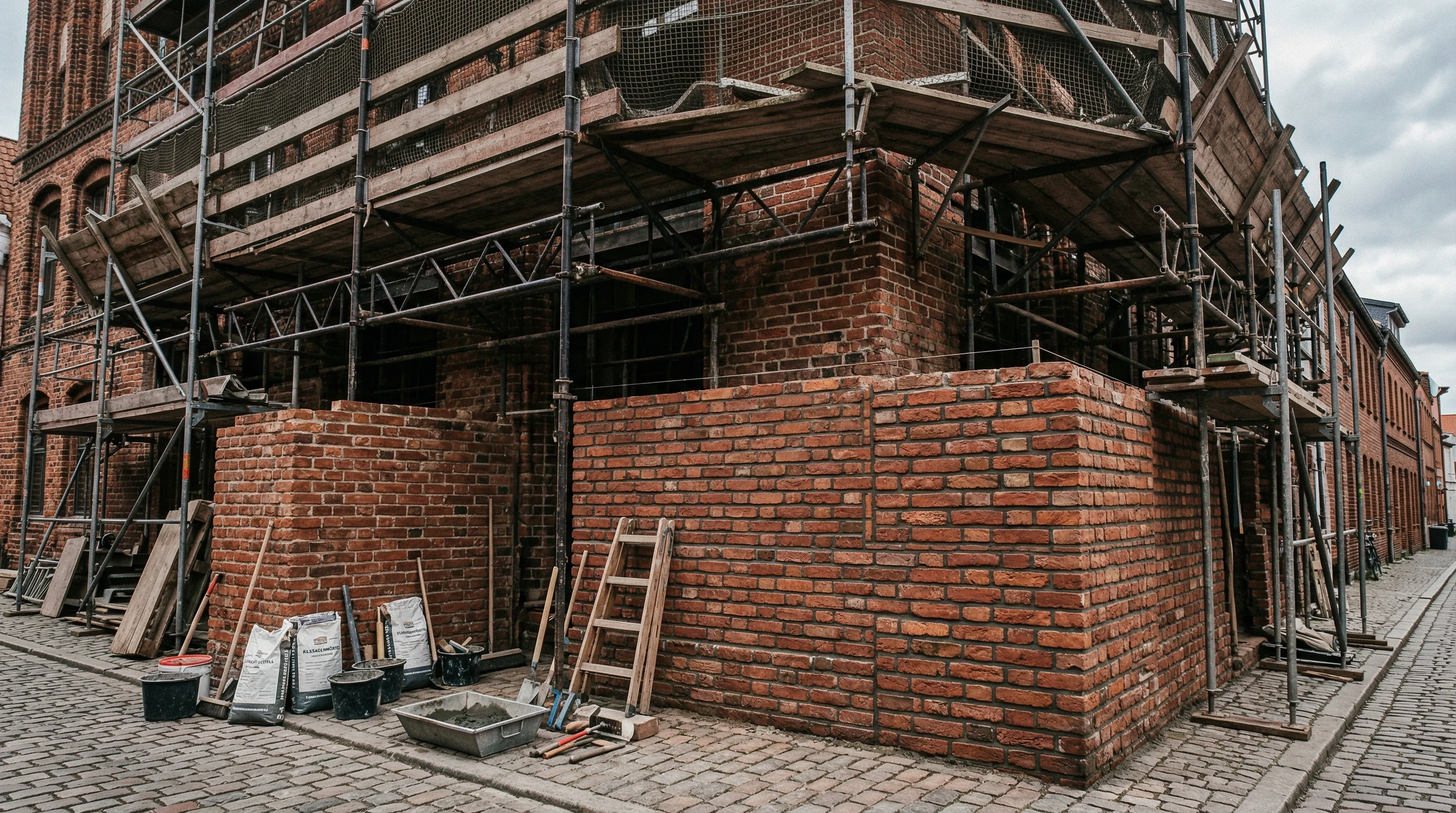 Gerüst an Ziegel-Fassadenmauer mit Maurerwerkzeugen, Mörtelsäcken und Kelle während Maurerarbeiten am Rohbau