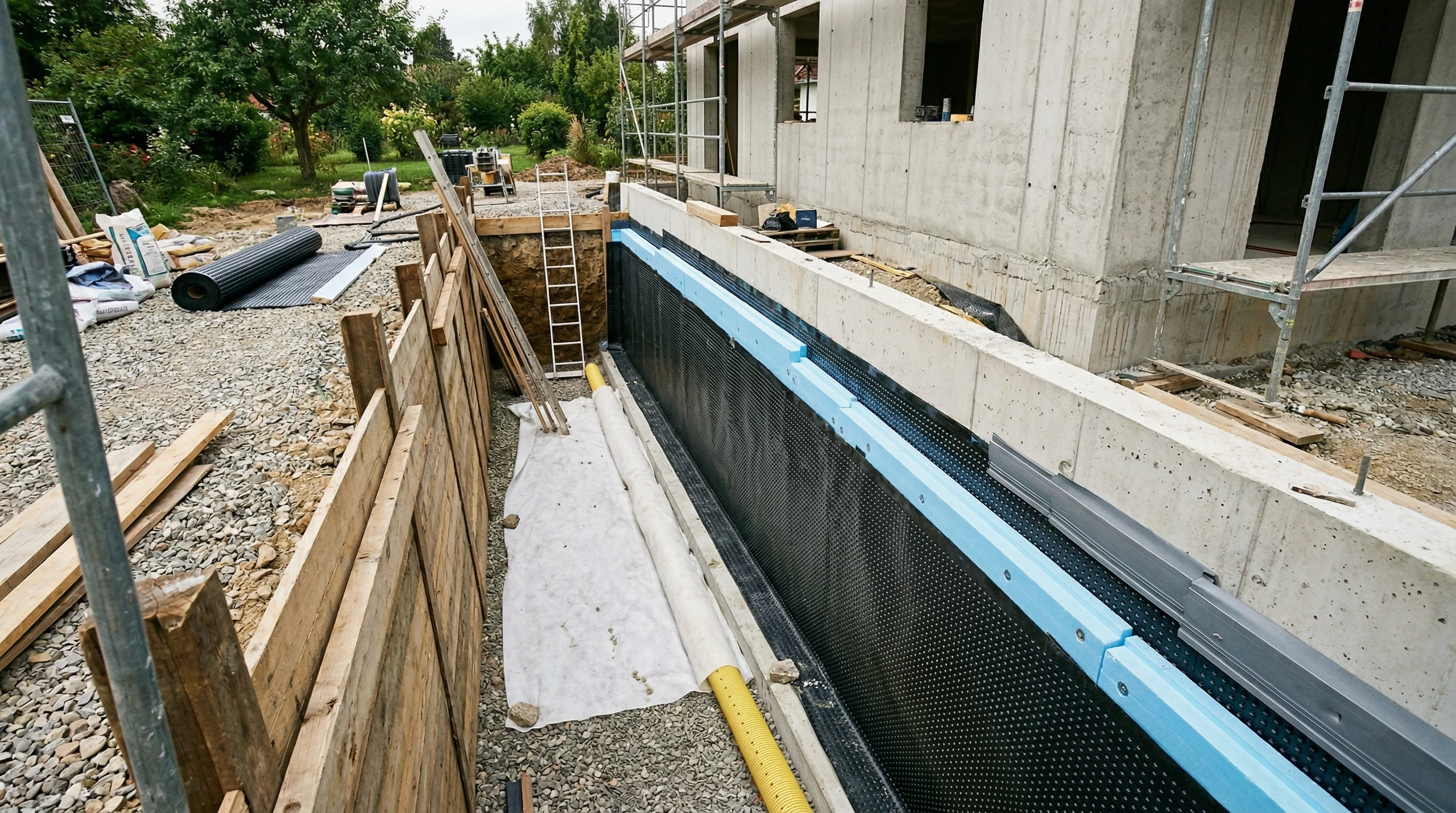 Ausgegrabene Baugrube mit schwarzer Drainagemembran zur Fundamentabdichtung und blauer Perimeterdämmung