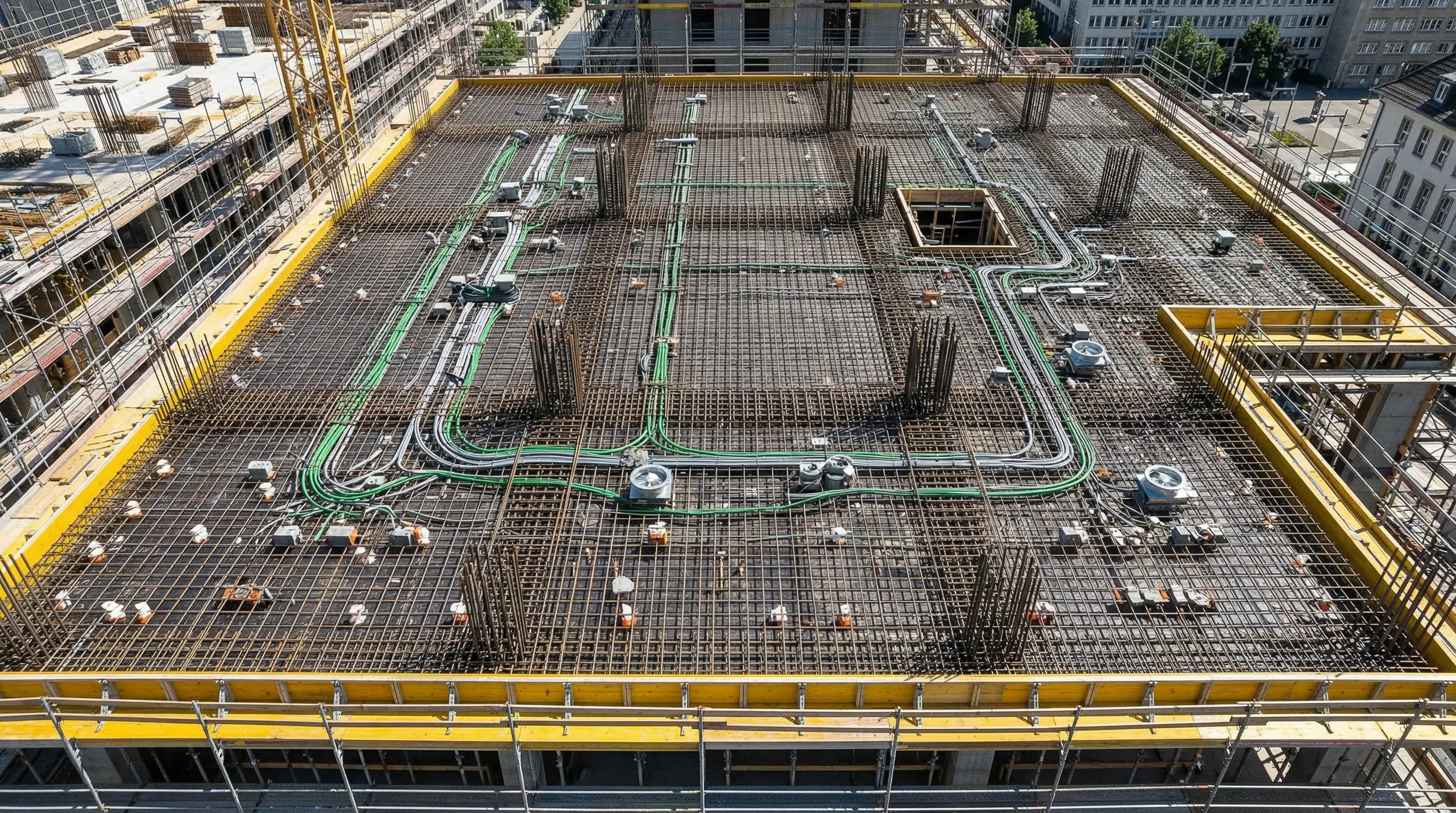 Bewehrte Bodenplatte mit Stabstahlmatten und grünen Installationsrohren auf Rohbau-Etage