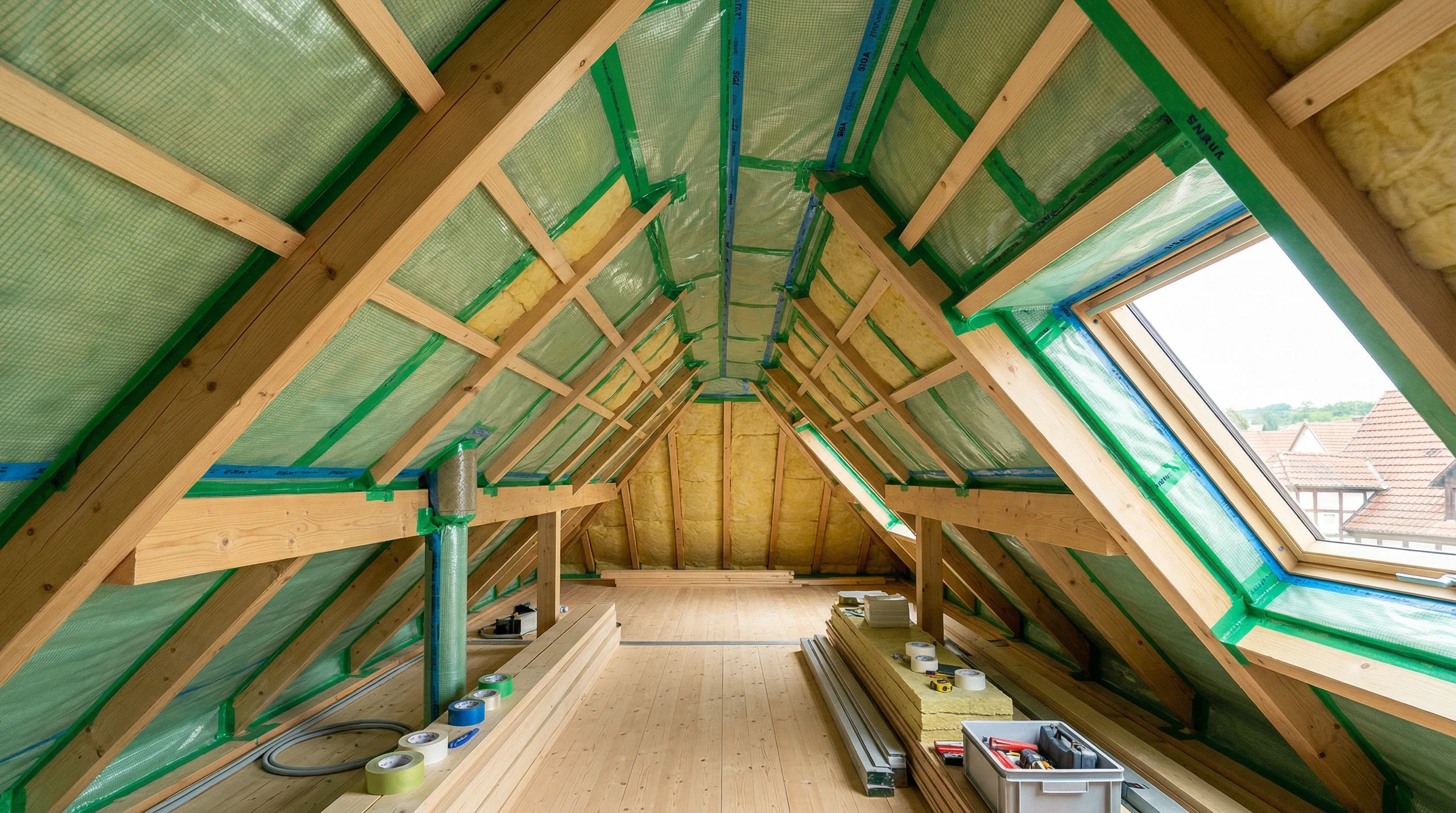 Dachgeschoss im Rohbau mit Dampfsperre und Glasfaserdämmung zwischen Holzbalken, Bodendielen und integriertem Dachfenster