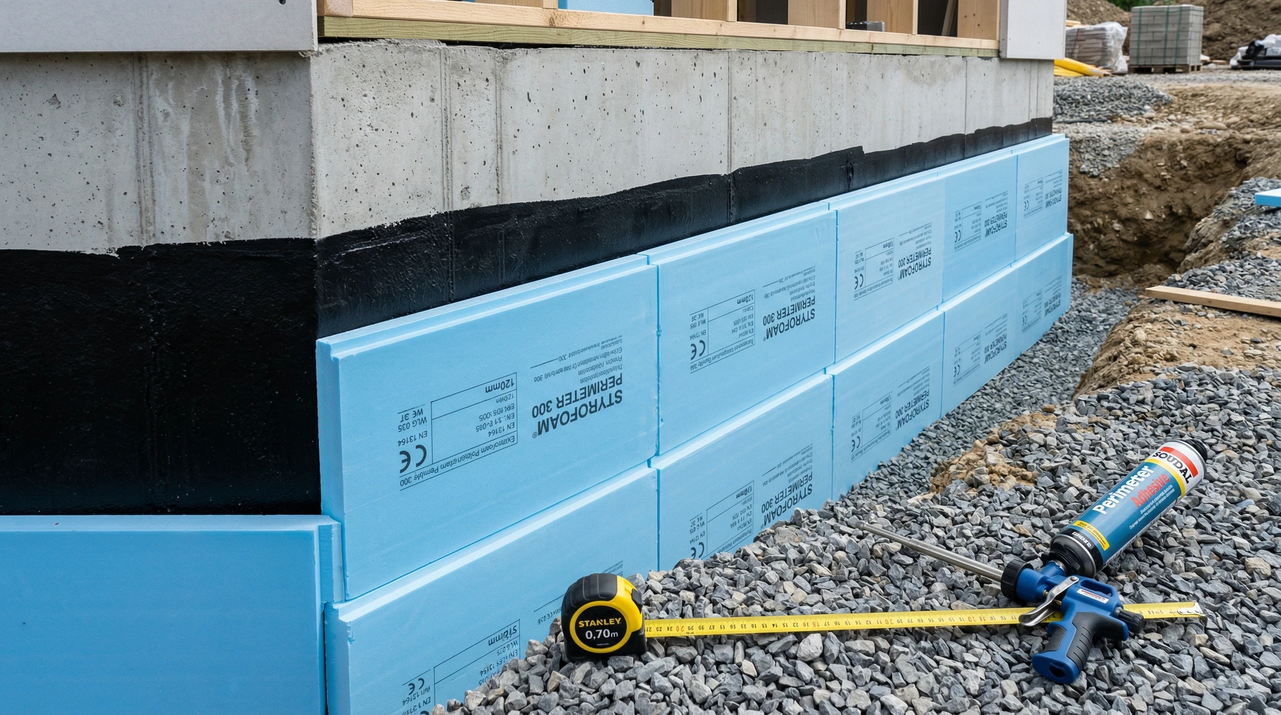 Rohbau-Fundament mit Perimeterdämmung aus blauen Dämmplatten und Kiesbett