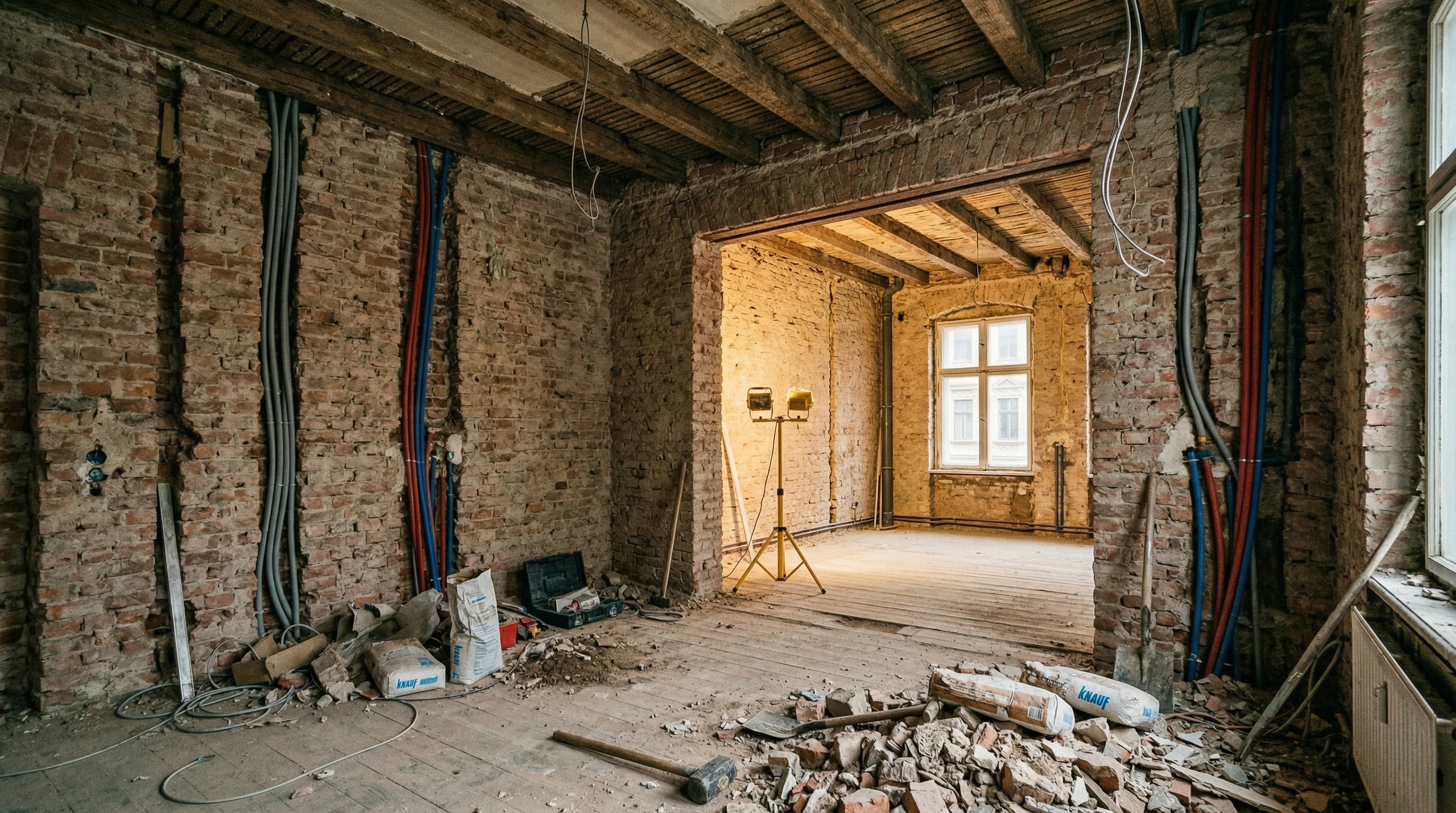 Innenraum mit freigelegten Ziegelwänden, Leitungen und Bauschutt bei Abrissarbeiten