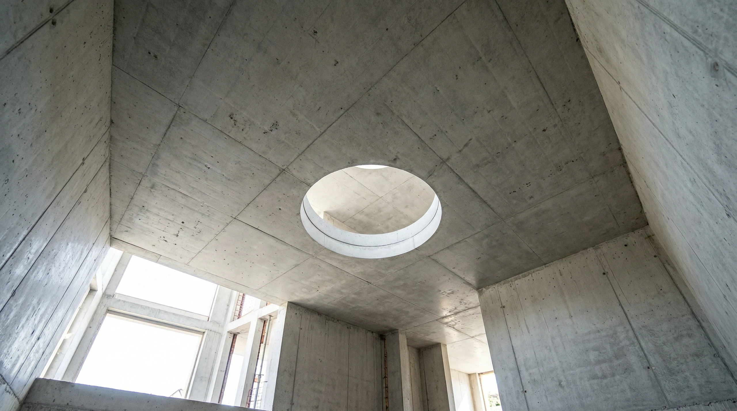 Unfertiger Innenraum im Rohbau mit Betonwänden, Betondecke und runder Lichtöffnung