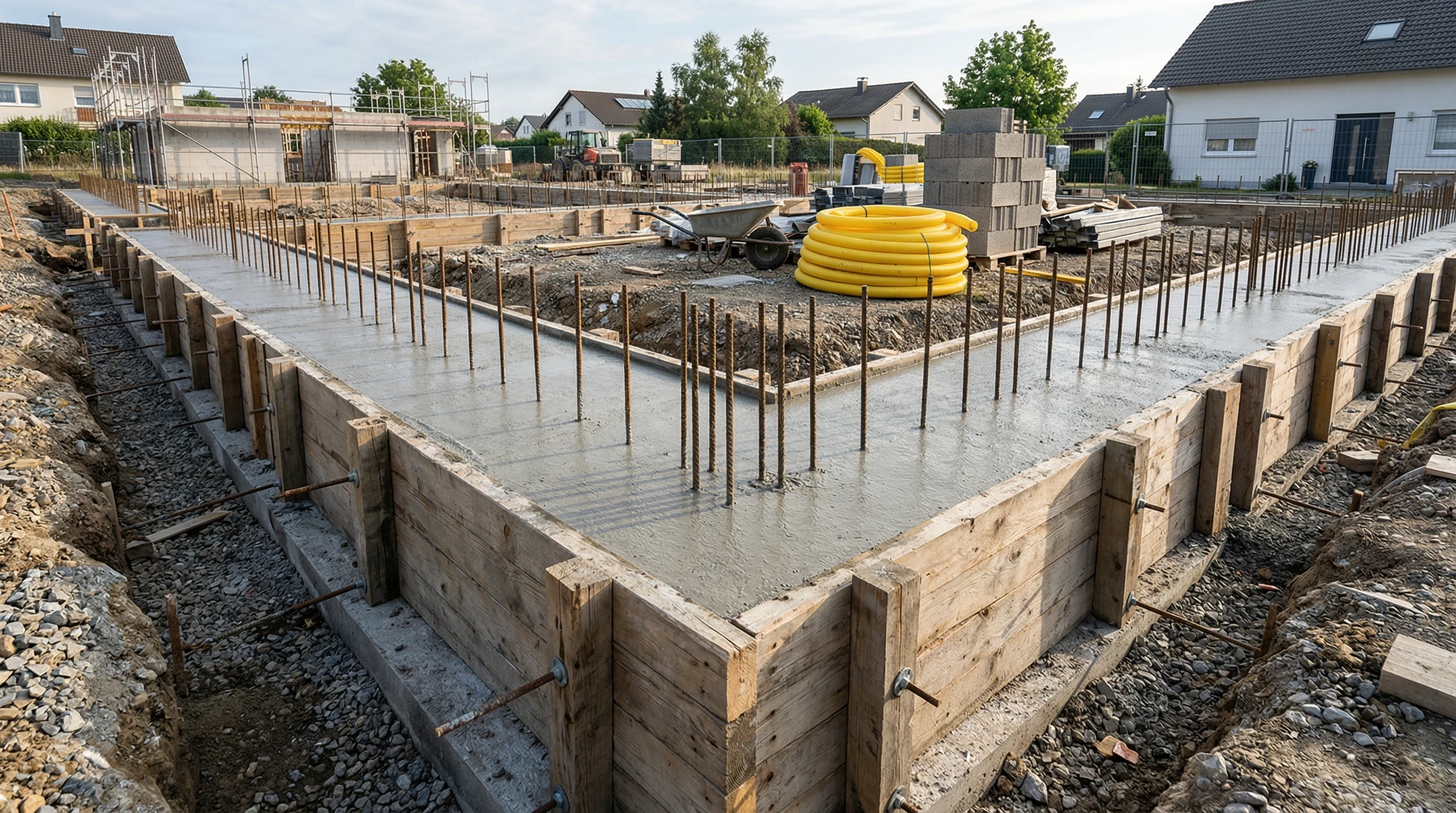 Frisch gegossene Betonbodenplatte mit Holzschalung und herausragenden Stahlarmierungen auf Baustelle