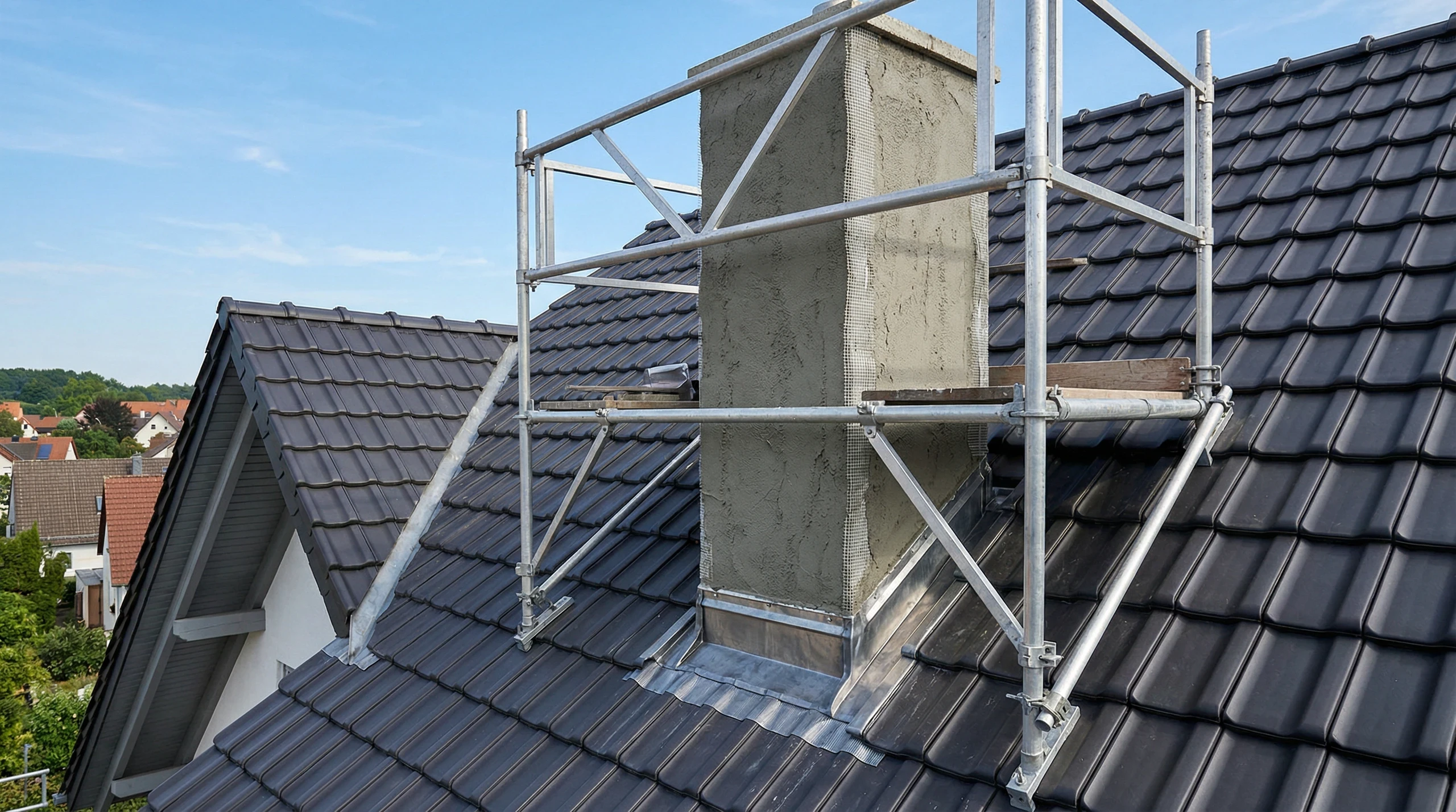 Gerüst um verputzten Schornstein auf dunkelgrauem Ziegeldach für Putzarbeiten