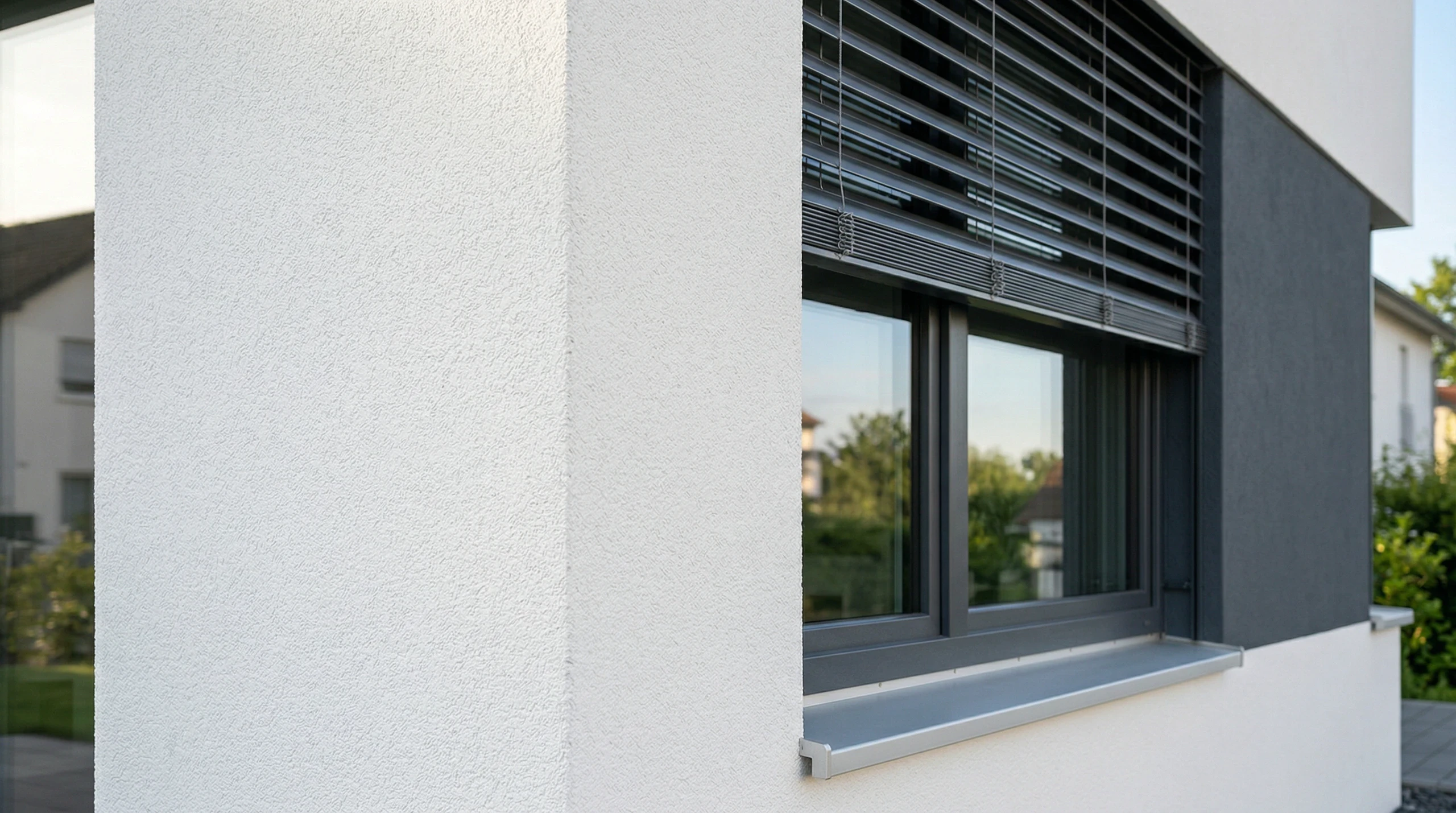 Weiß verputzte Hausecke mit dunkelgrauer Fassade, Fenster mit Aluminium-Rollläden und Fensterbank