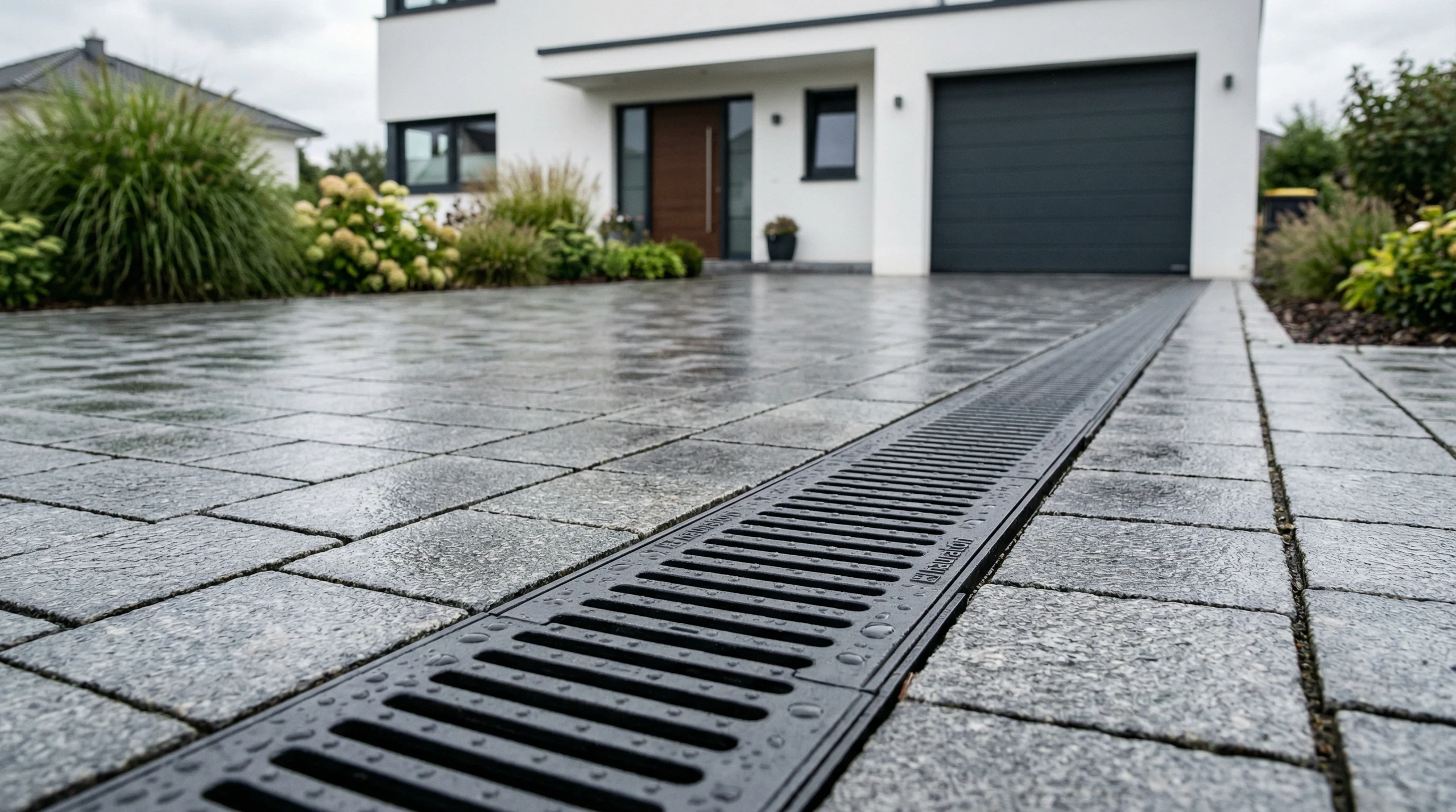 Neubepflasterte Einfahrt mit linearem Entwässerungskanal vor modernem Wohnhaus