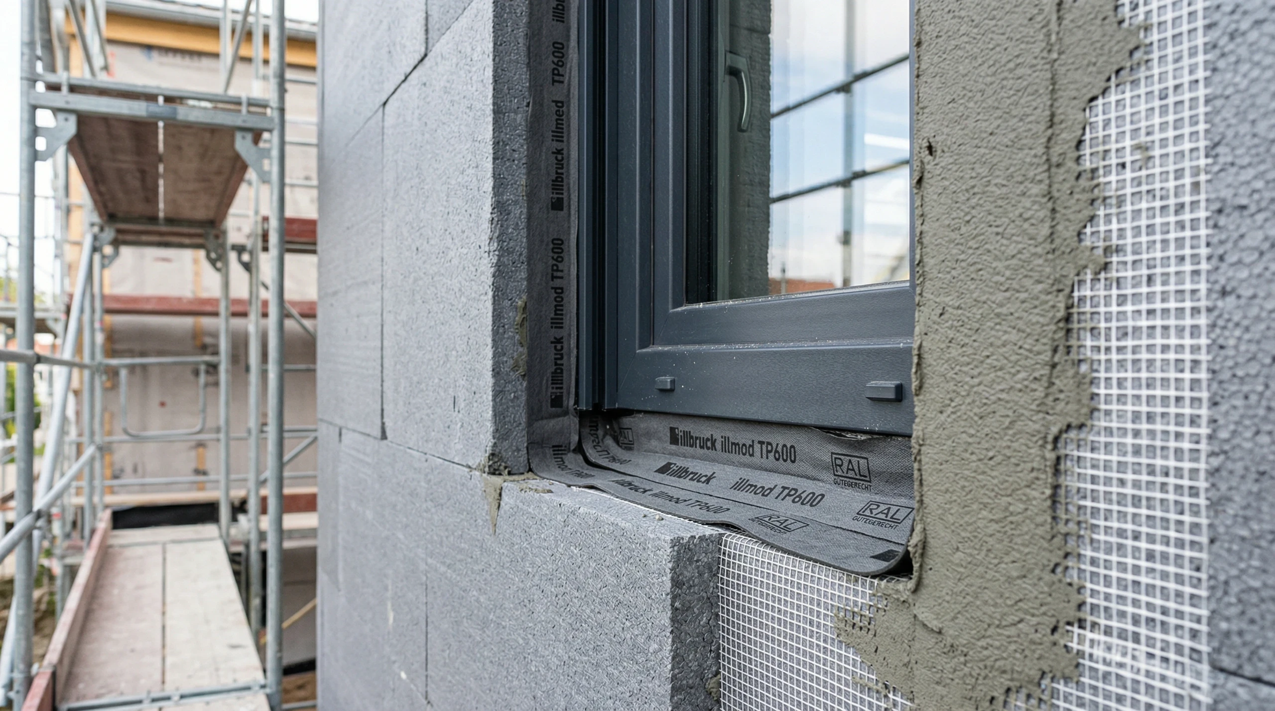 Fassadendämmung mit Dämmplatten und Glasfasergewebe rund um neu eingesetztes Fenster auf Baustelle