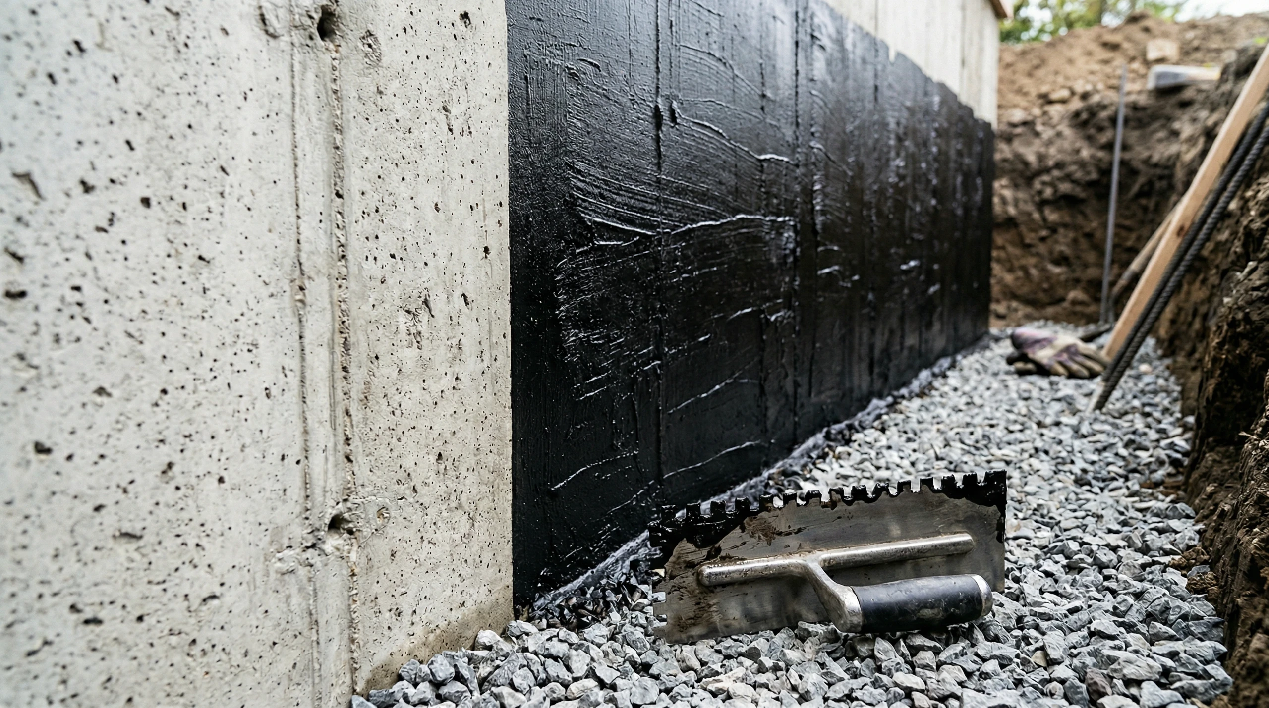 Fundamentabdichtung einer Beton-Kellerwand mit Bitumenbeschichtung auf Schotterbett, Zahnkelle im Vordergrund