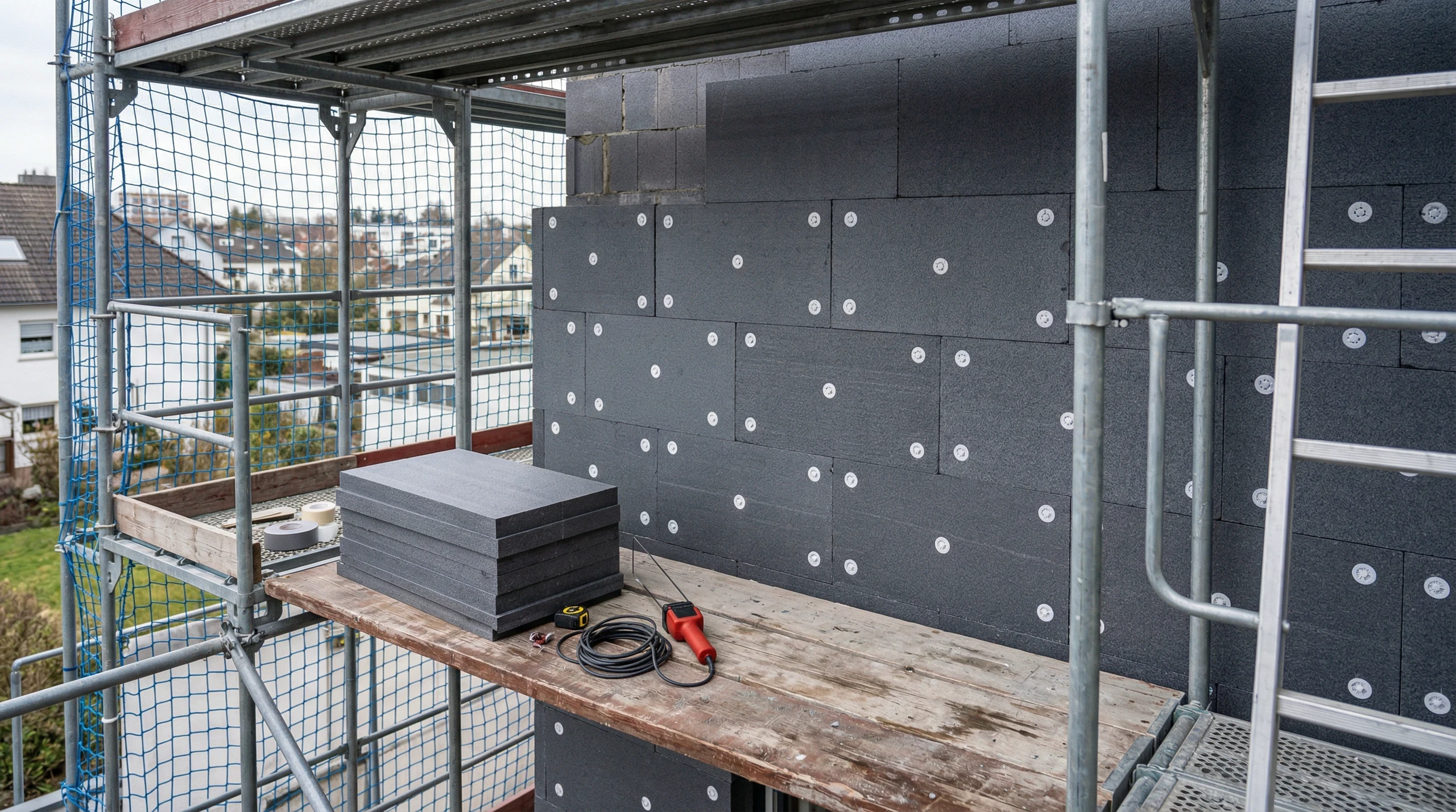 Fassadendämmung: Graue Dämmplatten auf Gerüst befestigt, Stapel Platten und Werkzeug auf Holzplattform