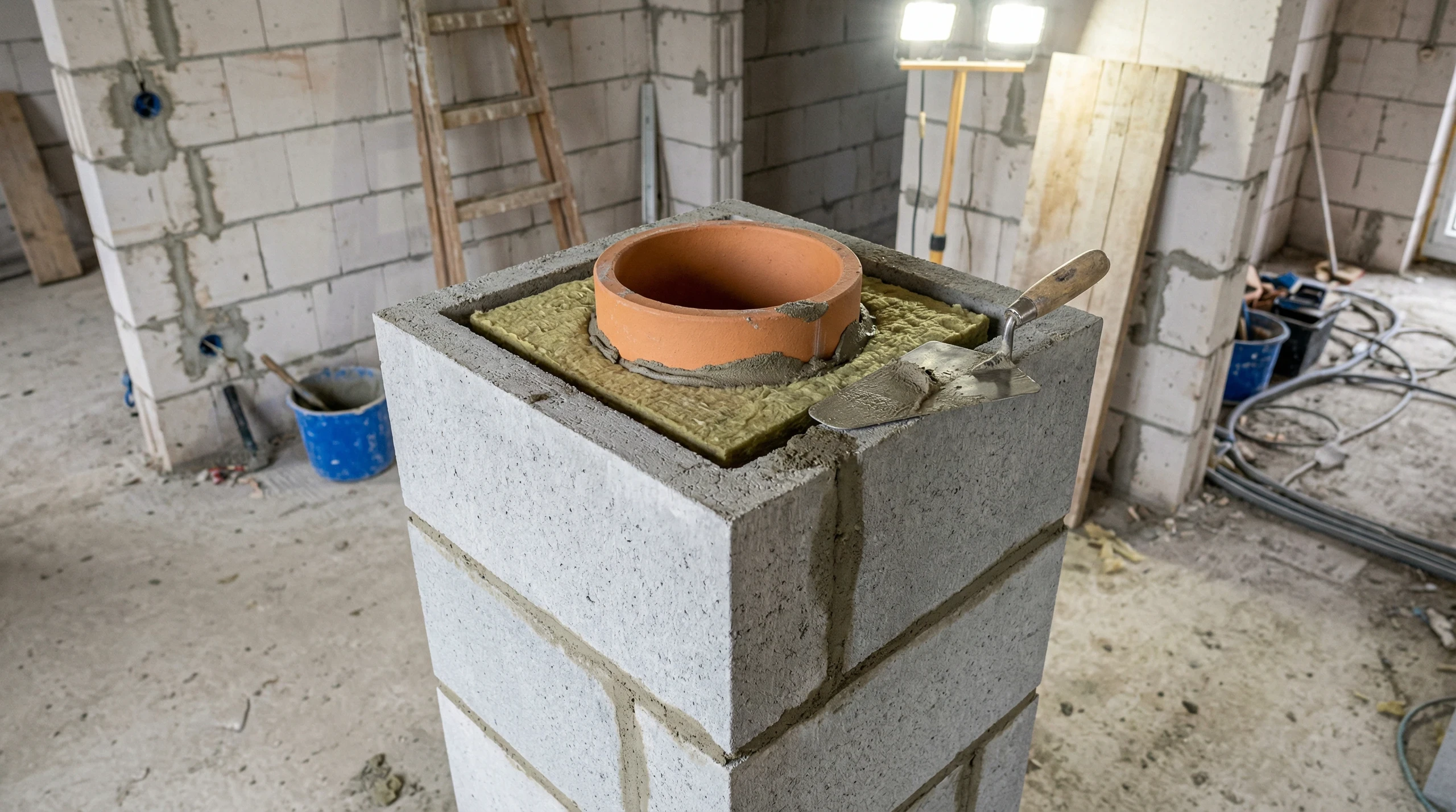 Mauerarbeiten an einem Schornsteinstutzen mit Dämmwolle und Mörtelkelle