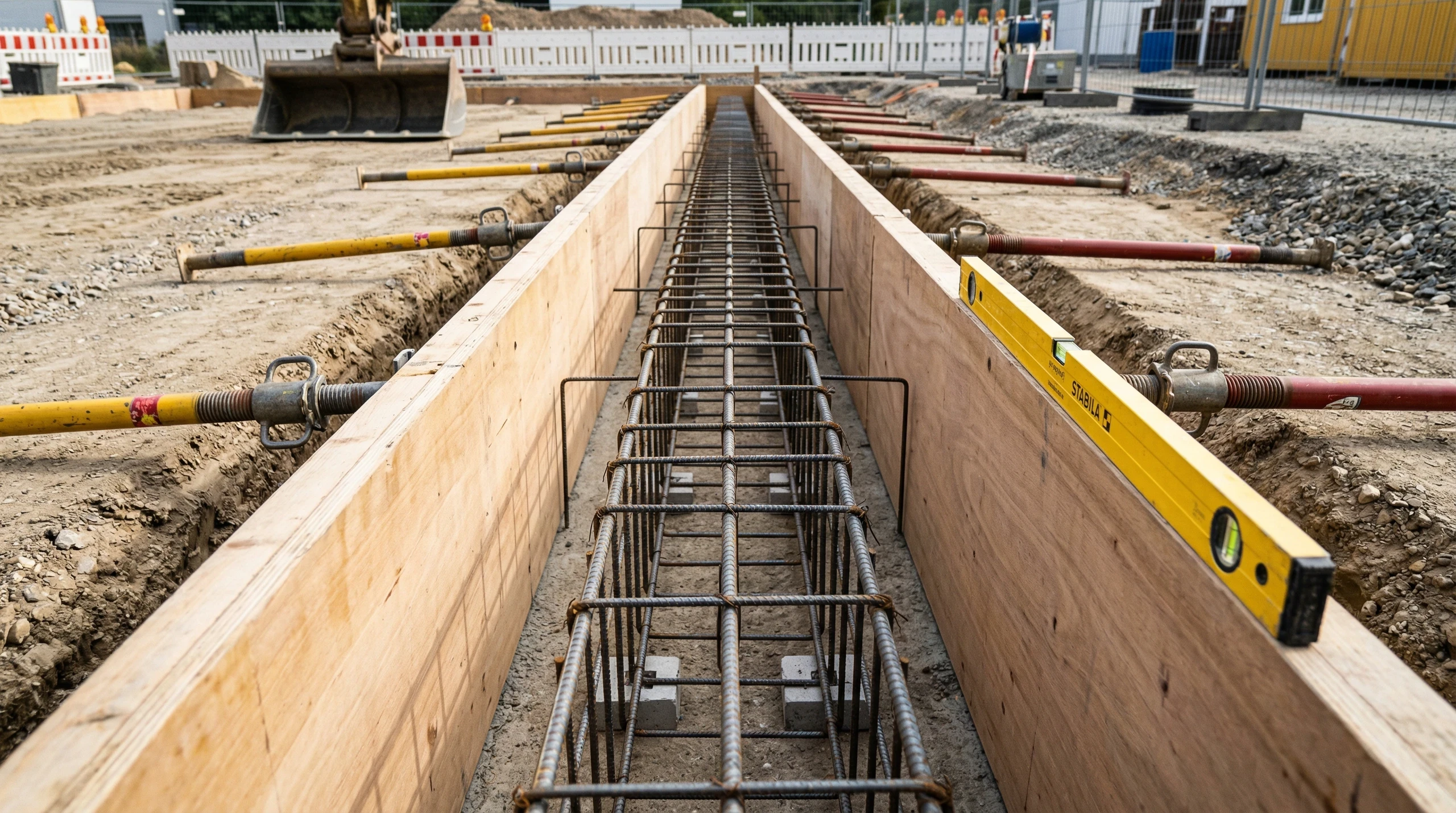 Holzschalung mit Bewehrungskorb für Streifenfundamente auf Baugrund