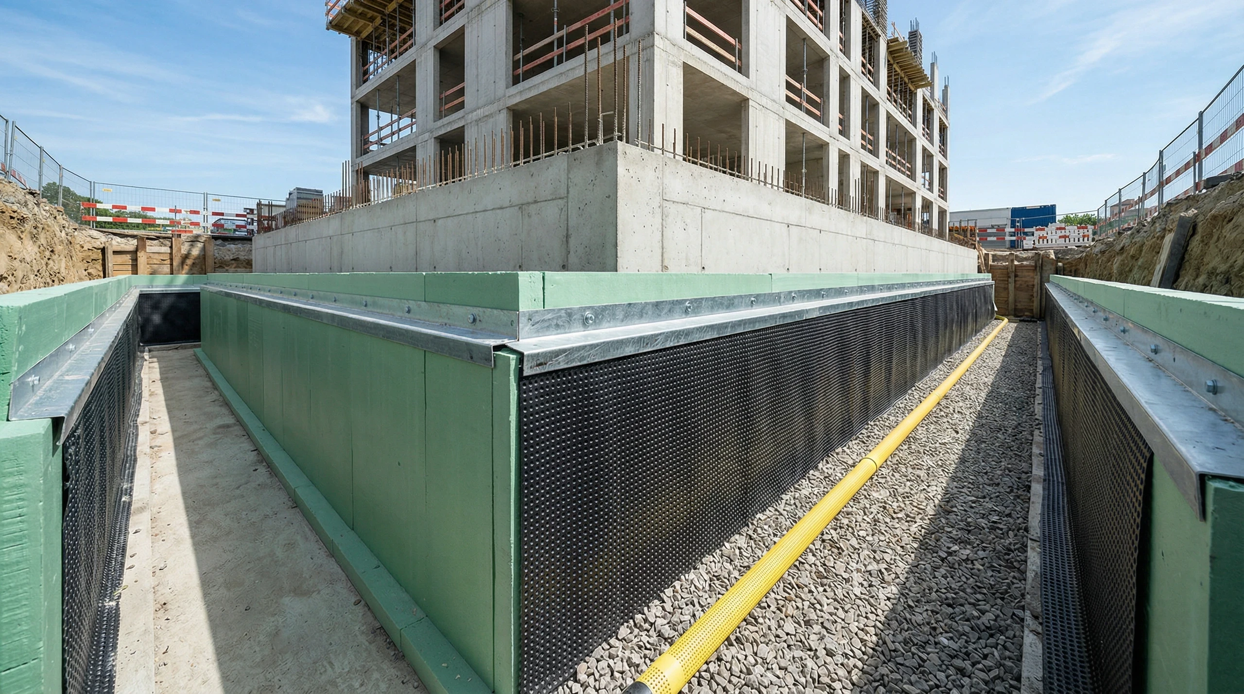 Baugrube mit Schotterbett und Dichtplatten zur Fundamentabdichtung eines mehrstöckigen Rohbaus