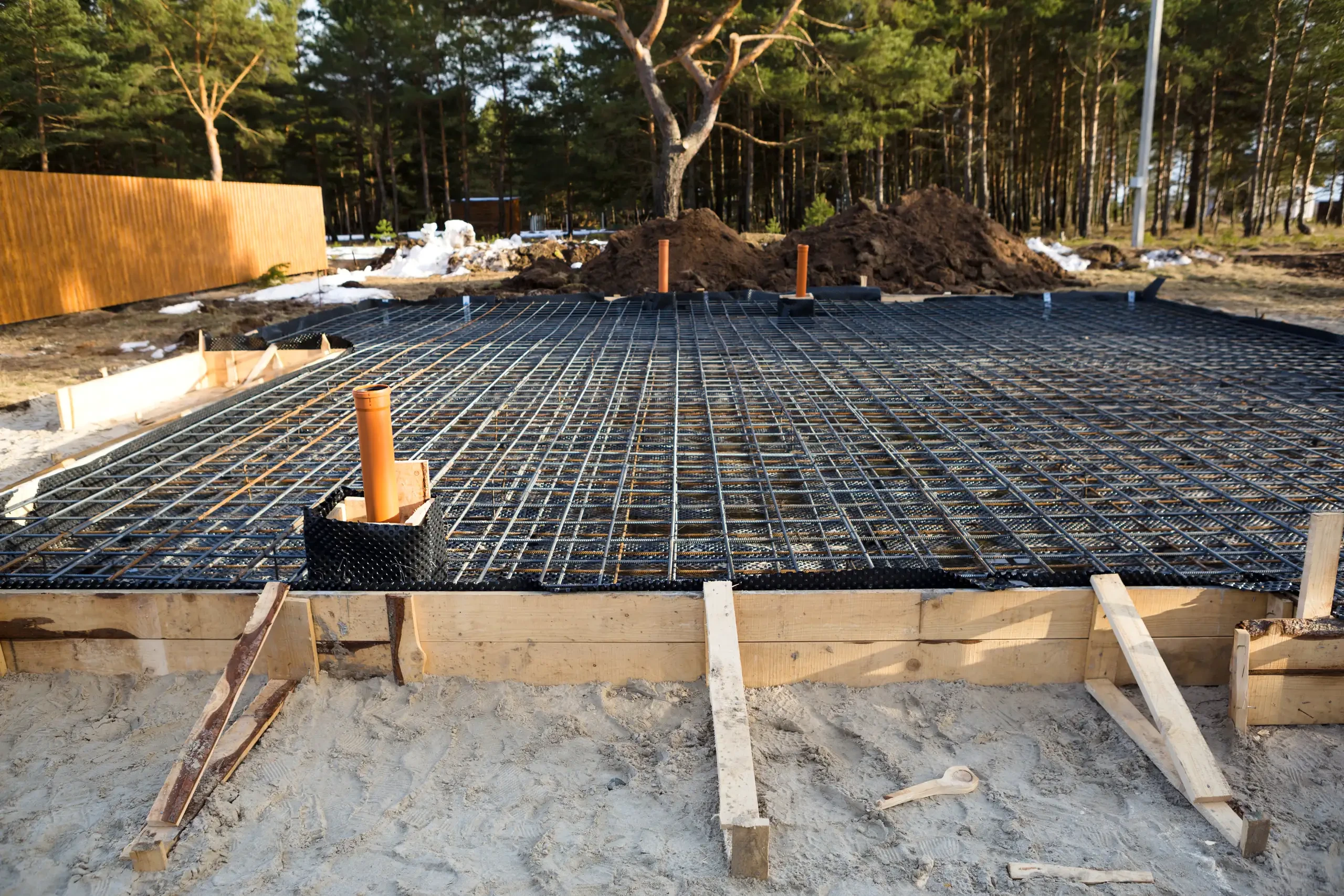 Bewehrungsmatte und Schalung für Bodenplatte auf sandigem Untergrund, mit Rohrdurchführungen